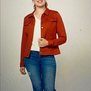 Belle by Kim Gravel Rust Orange Twill Jacket With Knit Back & Sleeves Small New